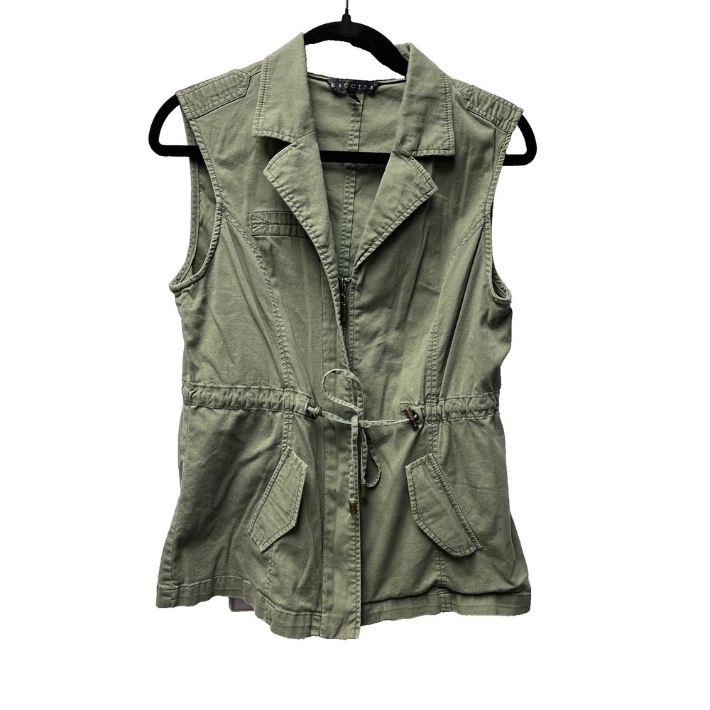 Baccini Womens M Military Style Vest Army Green Full Zip Drawstring Waist Safari